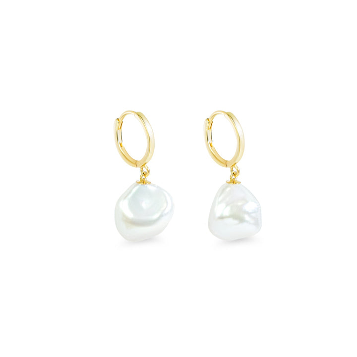 "Nerida" 9.0-10mm White Cultured Baroque Pearl Hoop Drop Earrings in 14k Yellow Gold 
