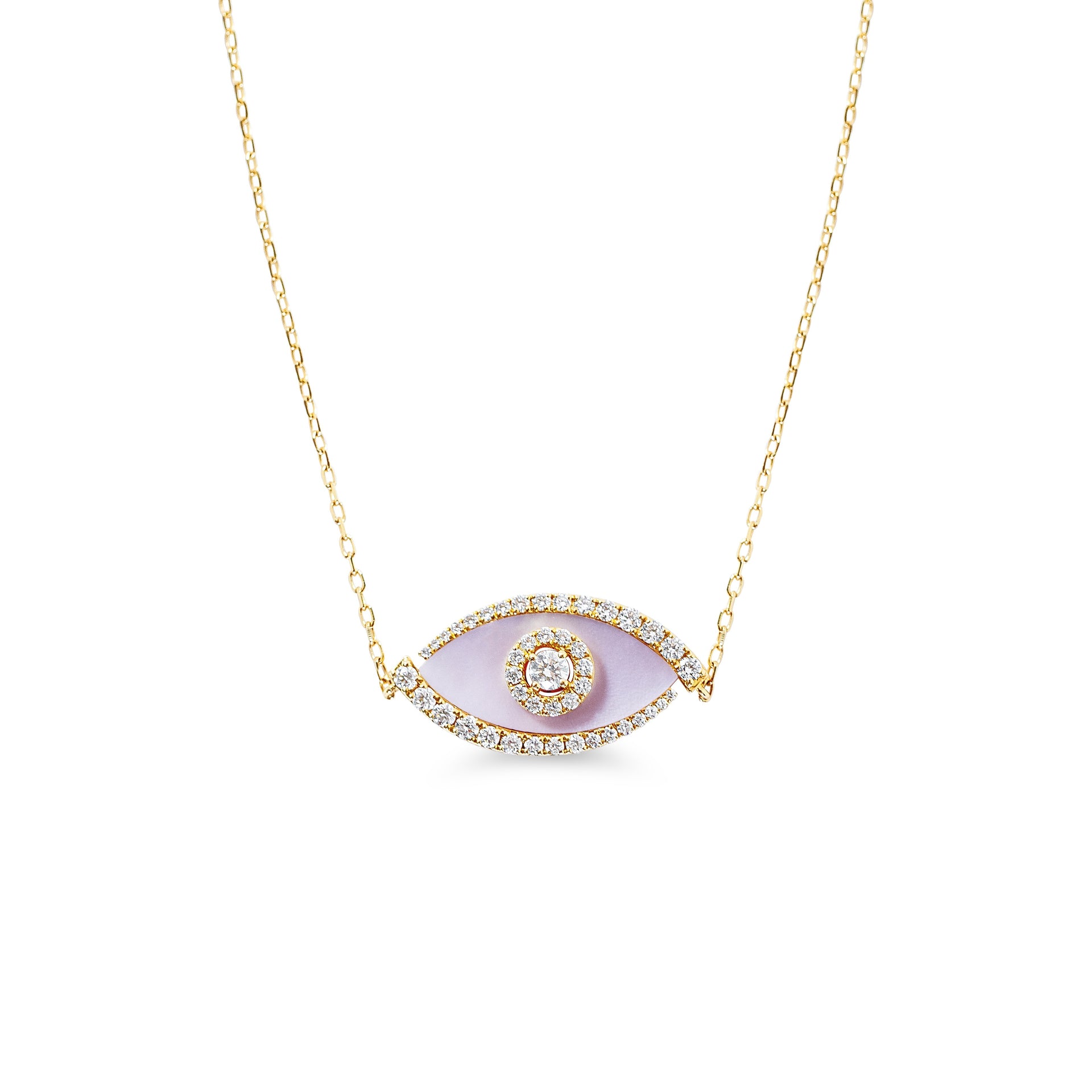 Gold necklace with a eye-shaped pendant made with pink mother-of-pearl and diamonds on a white background