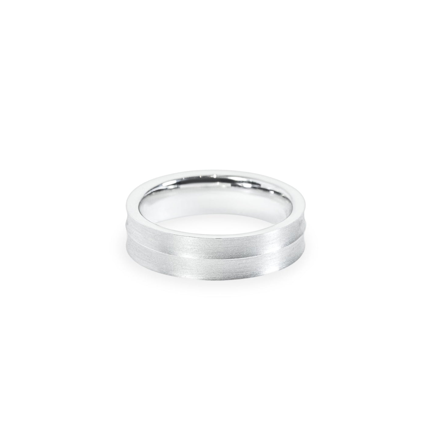"Horizon" raised groove satin finish 6mm wide flat band in 14k white 