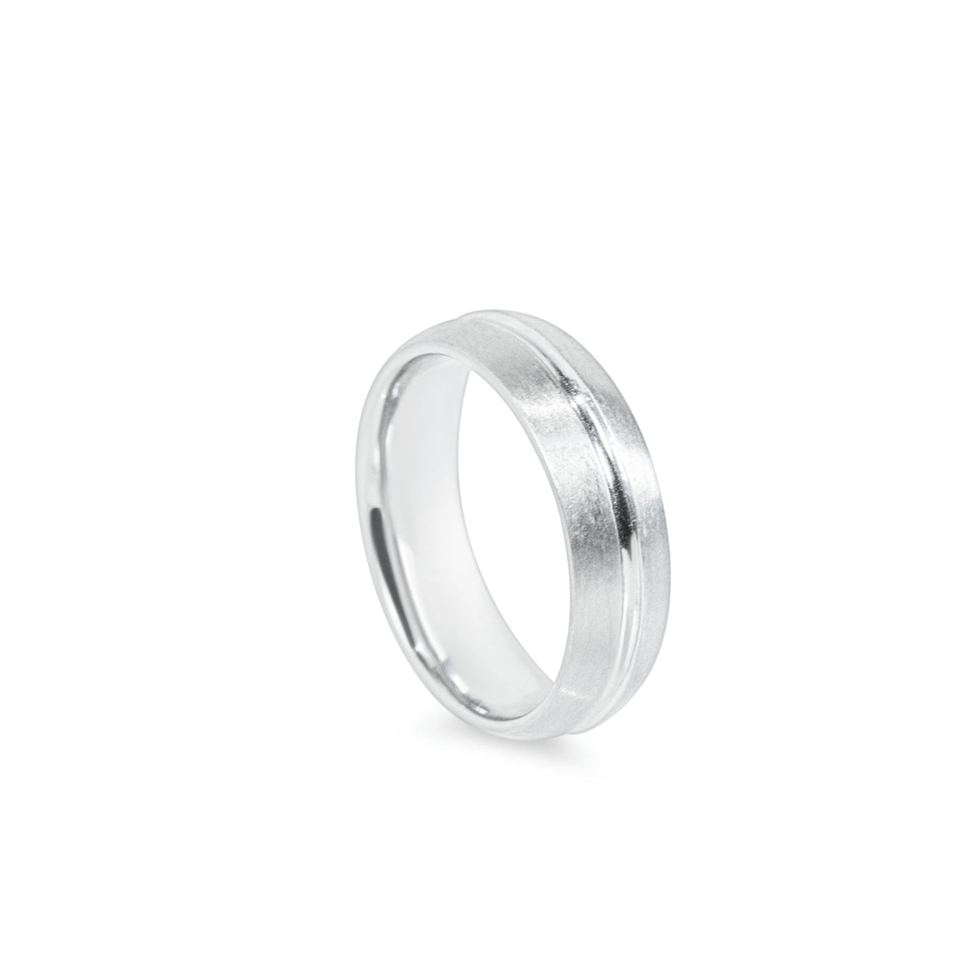 Stratus Men's Wedding band in 14k white. 6.5mm wide comfort fit band with a satin finish with centered groove. 