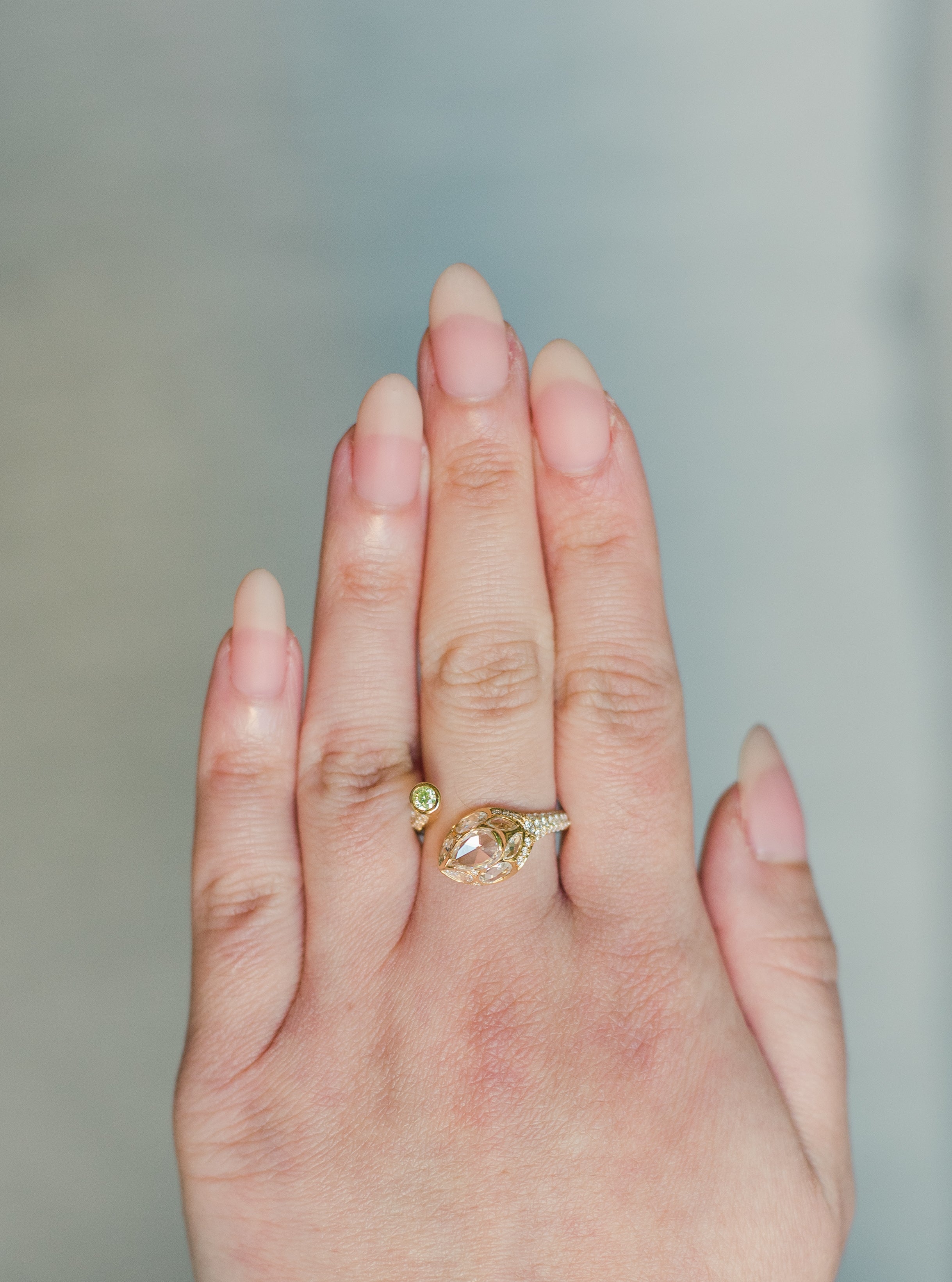 Yellow gold snake ring. With diamonds. Rose cut diamonds on the head and round diamonds on the rest of the ring. There is a yellow diamond set on the "tail".