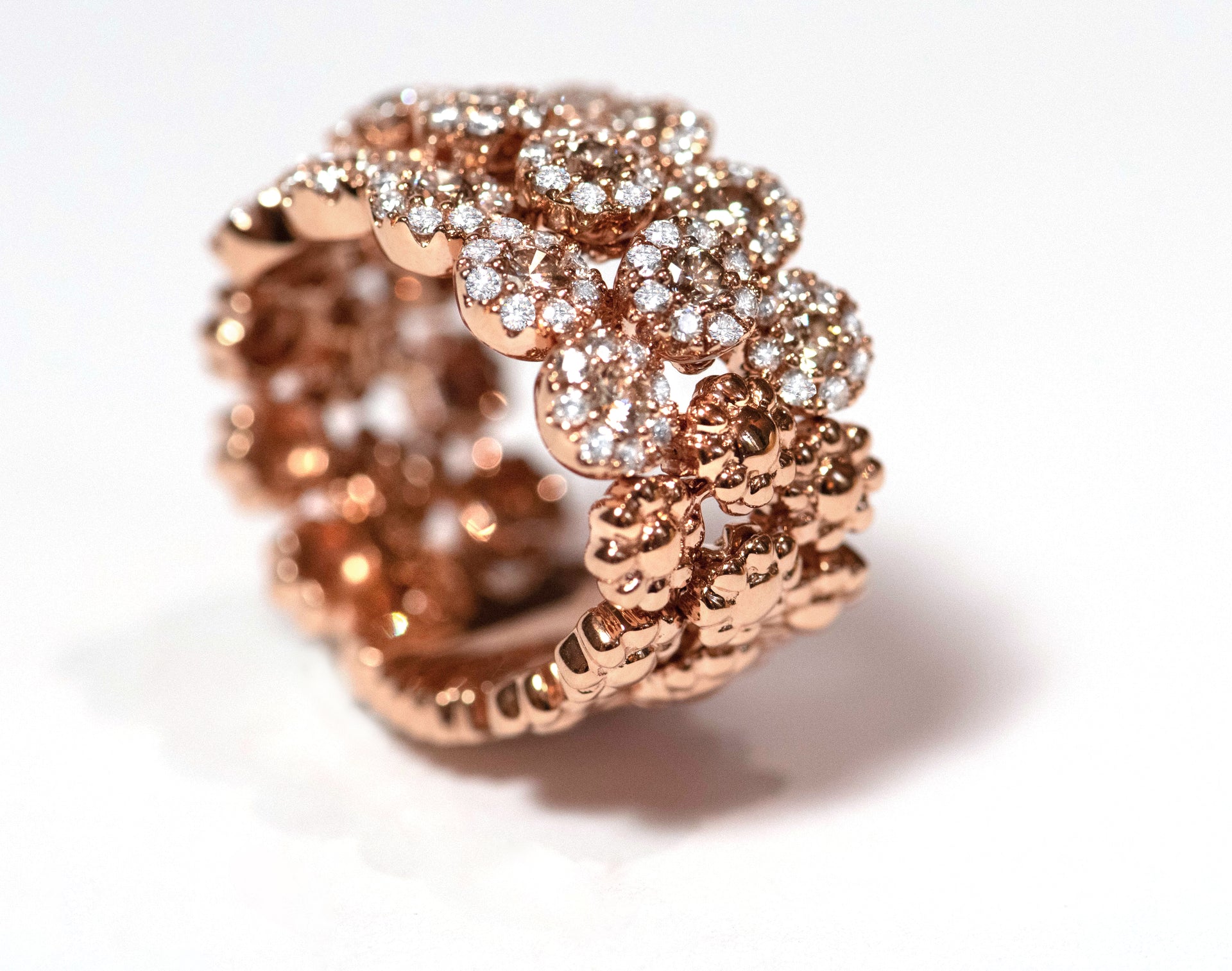 rose gold and diamond ring. flower ring. statement ring. cognac diamonds. shared prong set.  Local SF jewelry, San francisco, Luxury, hand made, Bay area, gift for her, cocktail ring.