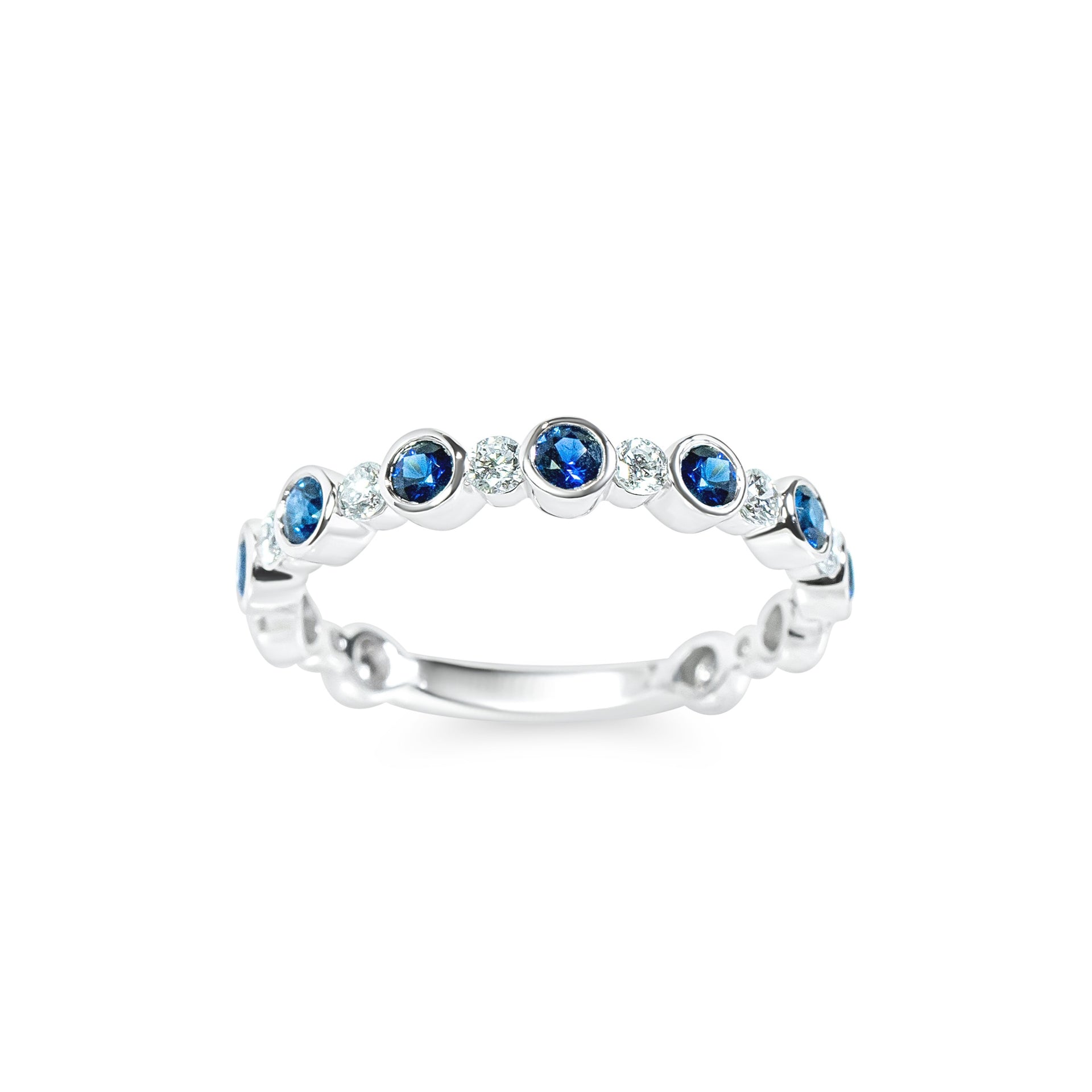 "Nanami" bezel round blue sapphire and diamond ring in white gold 