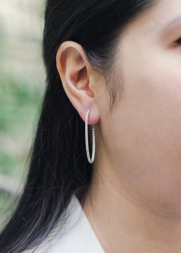 white gold and diamond hoops. oval hoops. in and out hoops. earrings. everyday hoops. unique hoop earrings. april birthstone. SF jewelry, local jeweler, luxury, fine jewelry, bay area, handmade, gift for her, birthday gift, anniversary gift