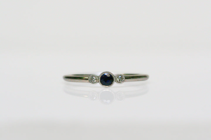 sapphire ring. blue stone ring. blue ring. round sapphire, diamond, white gold ring. dainty ring. every day. stacking. ring. vintage. millgrain. SF jewelry, local jeweler, luxury, fine jewelry, bay area, handmade, gift for her, birthday gift, anniversary gift. september birthstone.