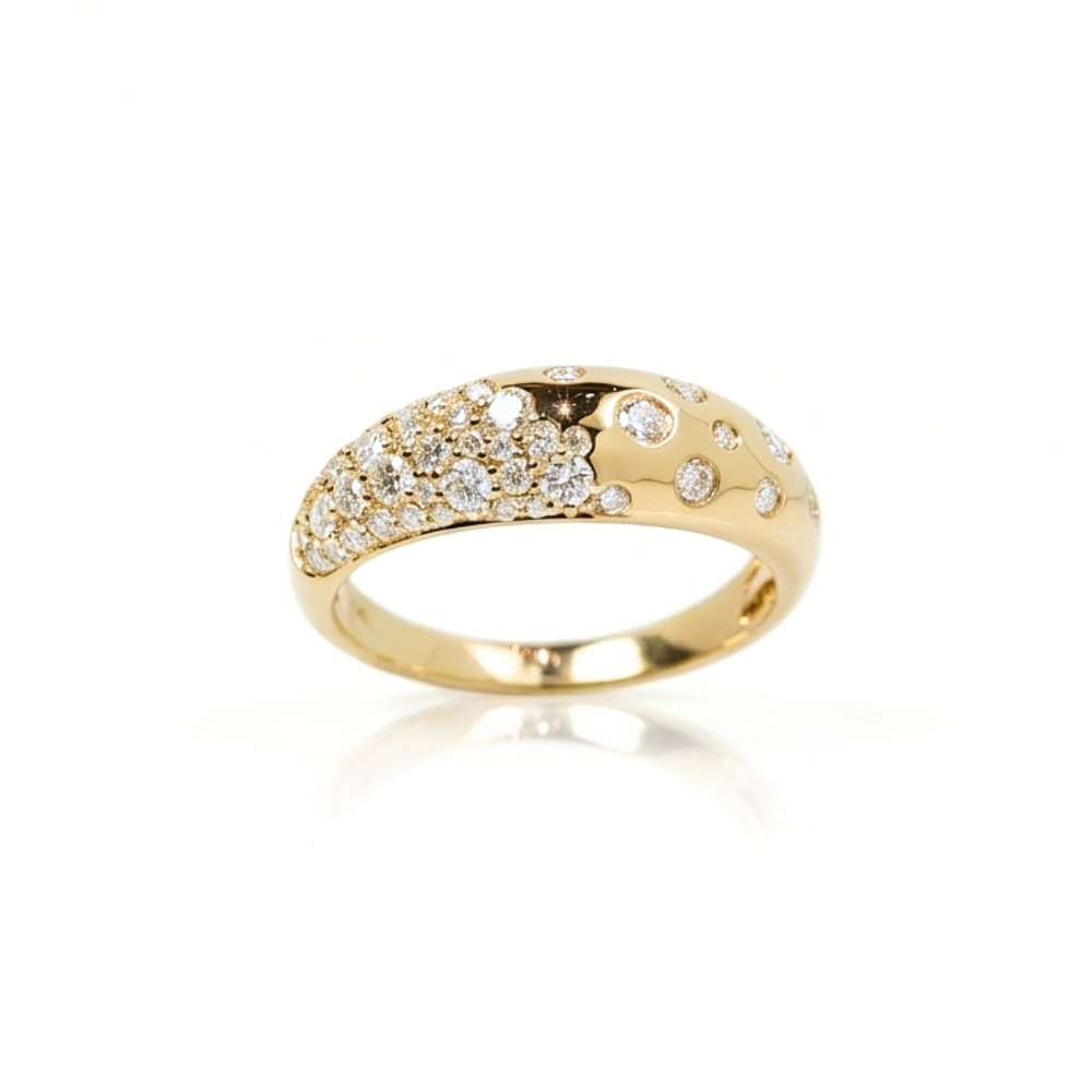 Lottie gold ring with embedded diamonds on a white diamonds scattered background
