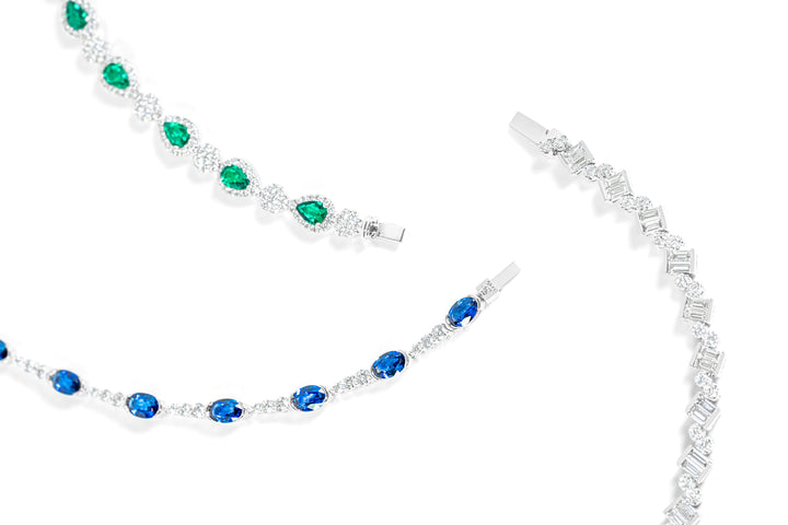 Emerald diamond bracelet + Sapphire diamond bracelet + Baguette and round diamond bracelet 