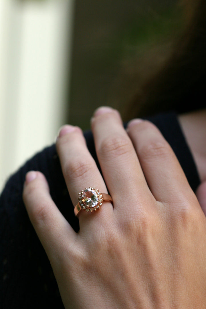 thick band, rose gold ring. morganite ring. pink gemstone. halo ring. vintage ring. classic. unique ring. round cut stone. anniversary ring. SF jewelry, san francisco, jeweler, birthday gift, anniversary gift, gift for her, bay area jewelry, fine jewelry,ring. 