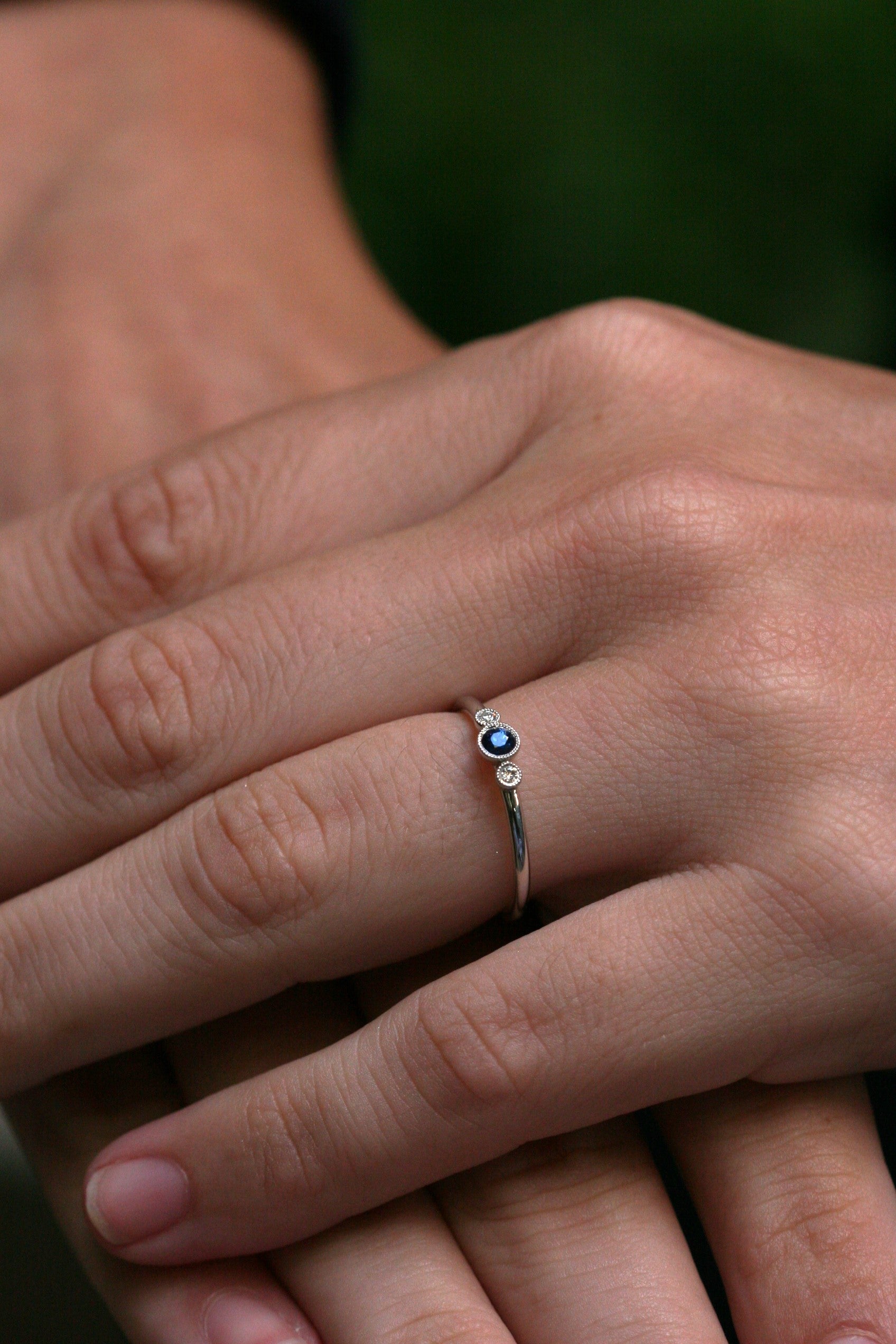 sapphire ring. blue stone ring. blue ring. round sapphire, diamond, white gold ring. dainty ring. every day. stacking. ring. vintage. millgrain. SF jewelry, local jeweler, luxury, fine jewelry, bay area, handmade, gift for her, birthday gift, anniversary gift. september birthstone.