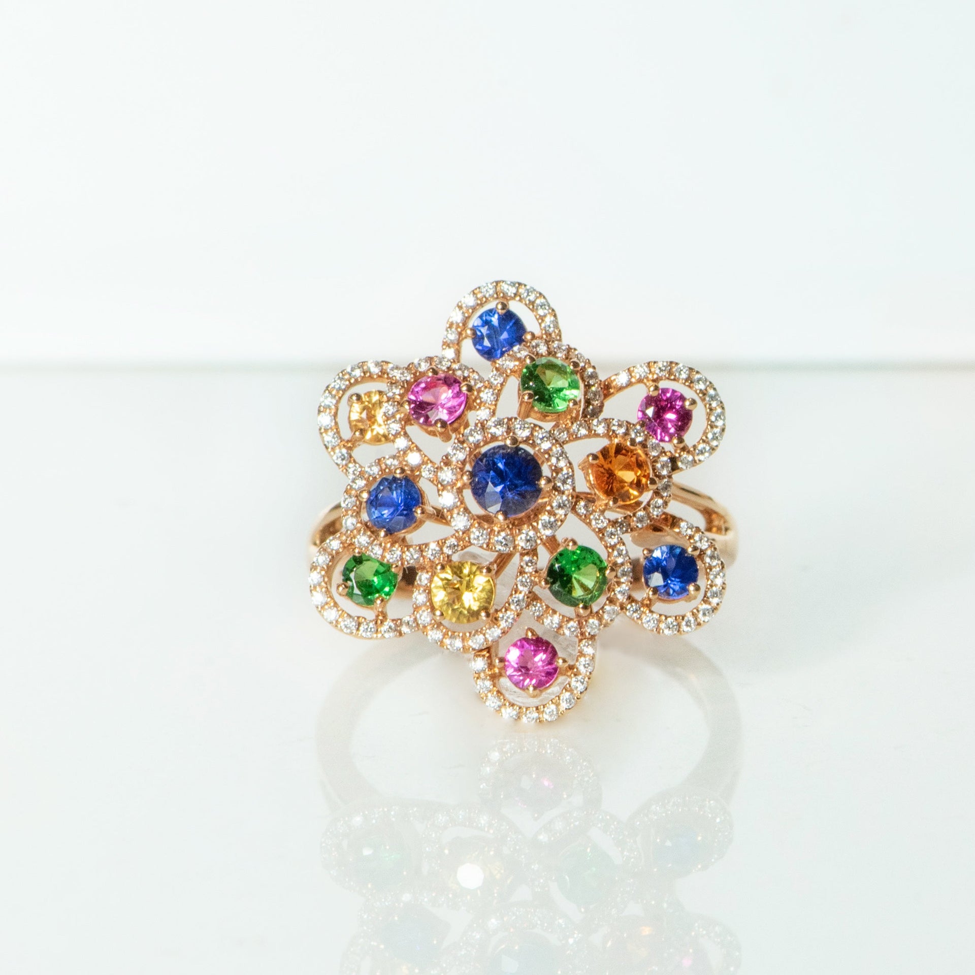 multi-colored sapphire flower ring in rose gold 