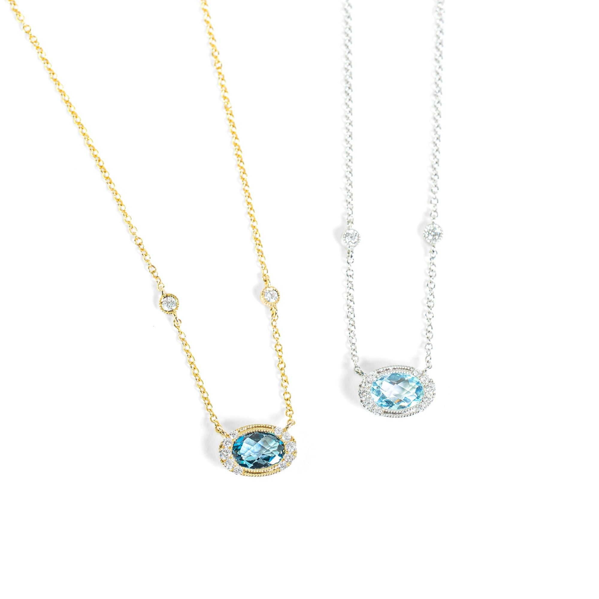 "Lirien" Oval Aquamarine & Diamond Necklace in 14k white + "Azure Drop" Oval London Blue Topaz & Diamond Necklace in 14k yellow 