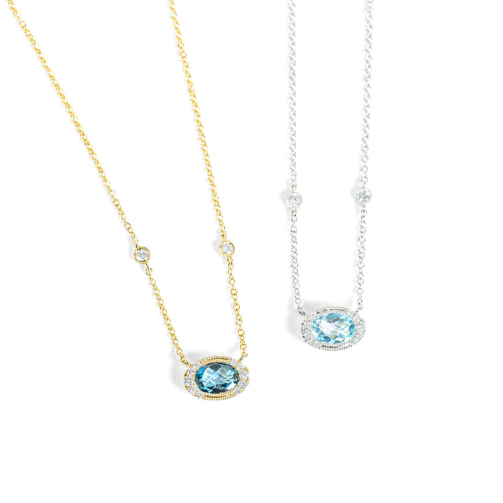 "Lirien" Oval Aquamarine & Diamond Necklace in 14k white + "Azure Drop" Oval London Blue Topaz & Diamond Necklace in 14k yellow 