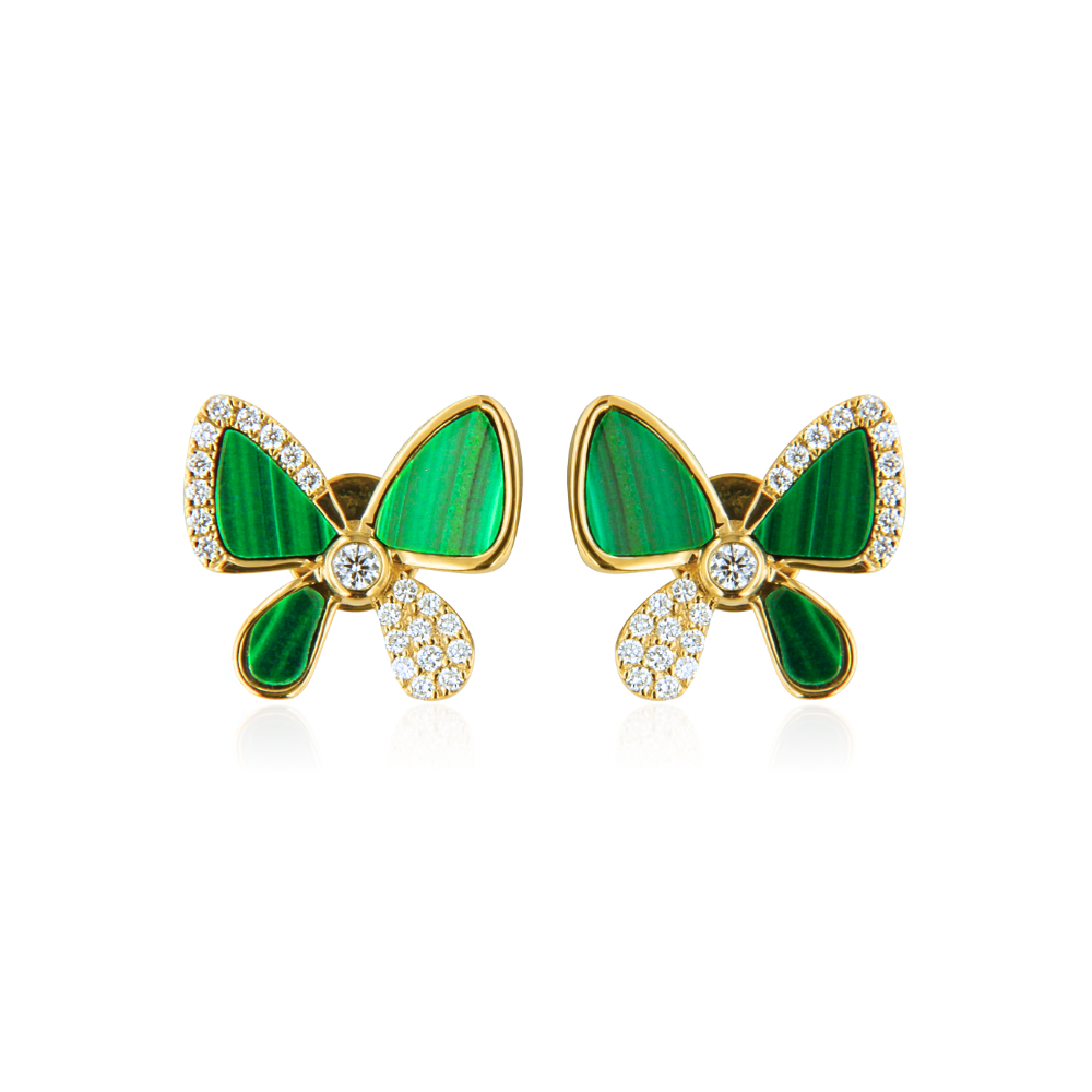 Green malachite butterfly earrings with gold and diamond accents on a white background
