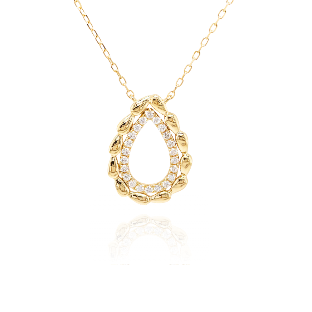 Gold necklace with a teardrop-shaped pendant on a white background