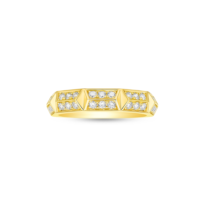 Gold ring with diamond accents on a white background