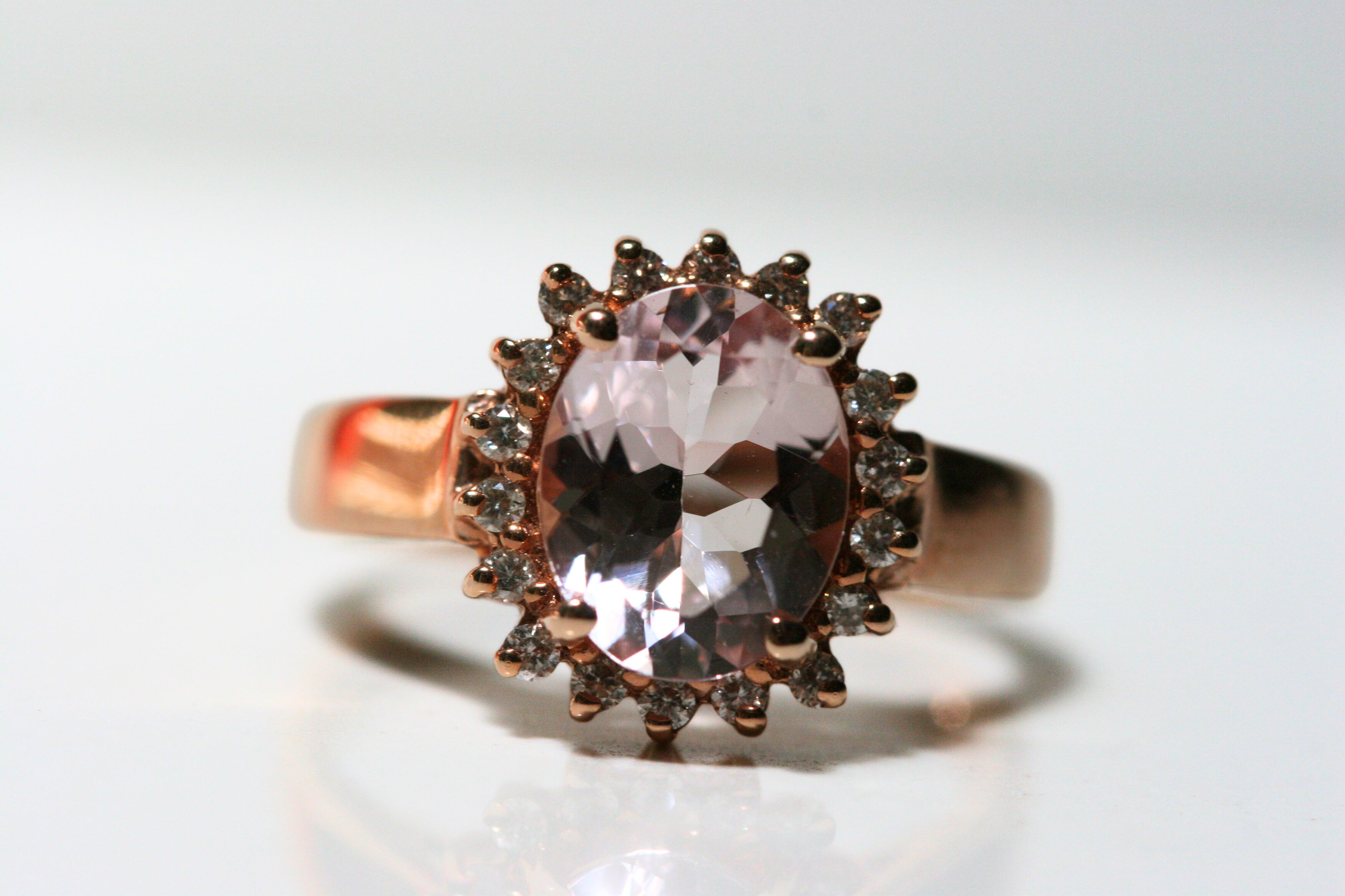 thick band, rose gold ring. morganite ring. pink gemstone. halo ring. vintage ring. classic. unique ring. round cut stone. anniversary ring. SF jewelry, san francisco, jeweler, birthday gift, anniversary gift, gift for her, bay area jewelry, fine jewelry,ring. 