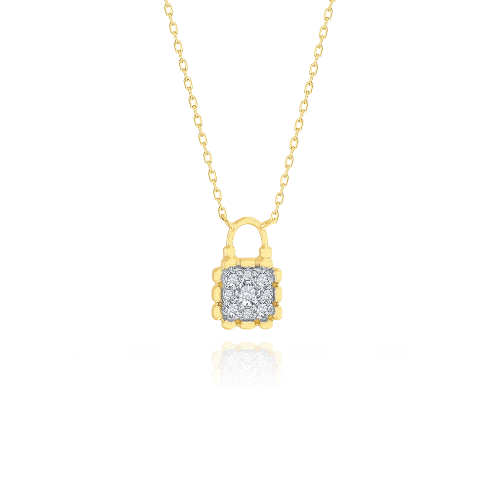 Gold necklace with a diamond lock pendant on a white background