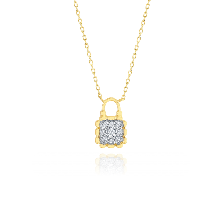 Gold necklace with a diamond lock pendant on a white background