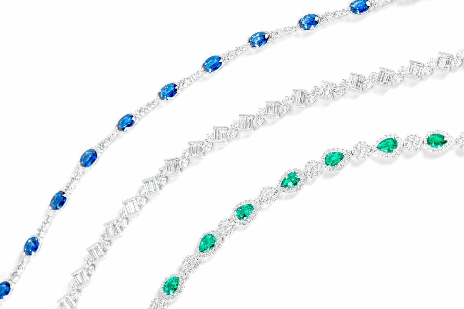 blue sapphire diamond bracelet, baguette and round diamond bracelet, emerald and diamond bracelet 
