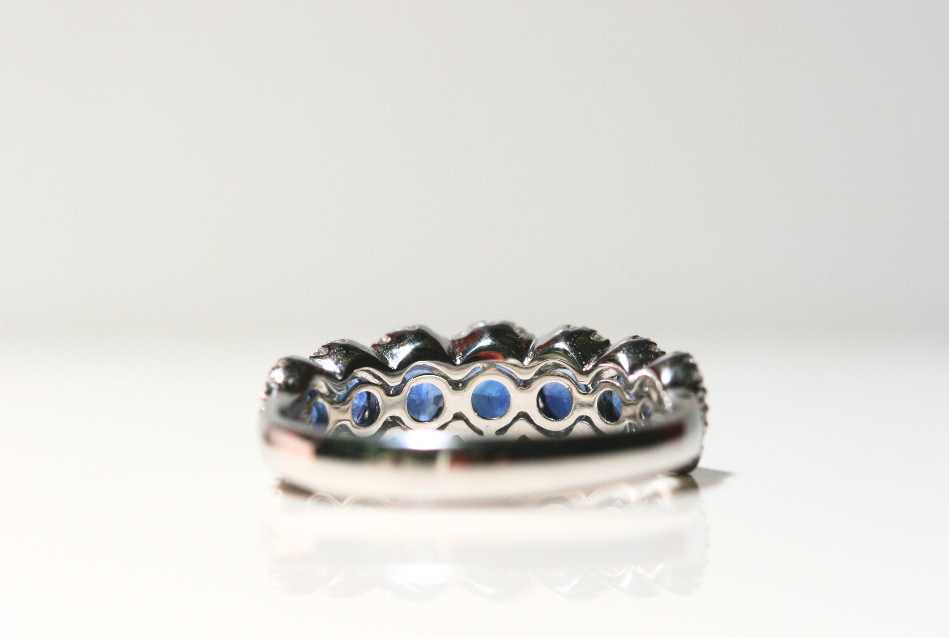 The back of the ring. Behind each of the sapphires is an open space to allow maximum light in for maximum sparkle!