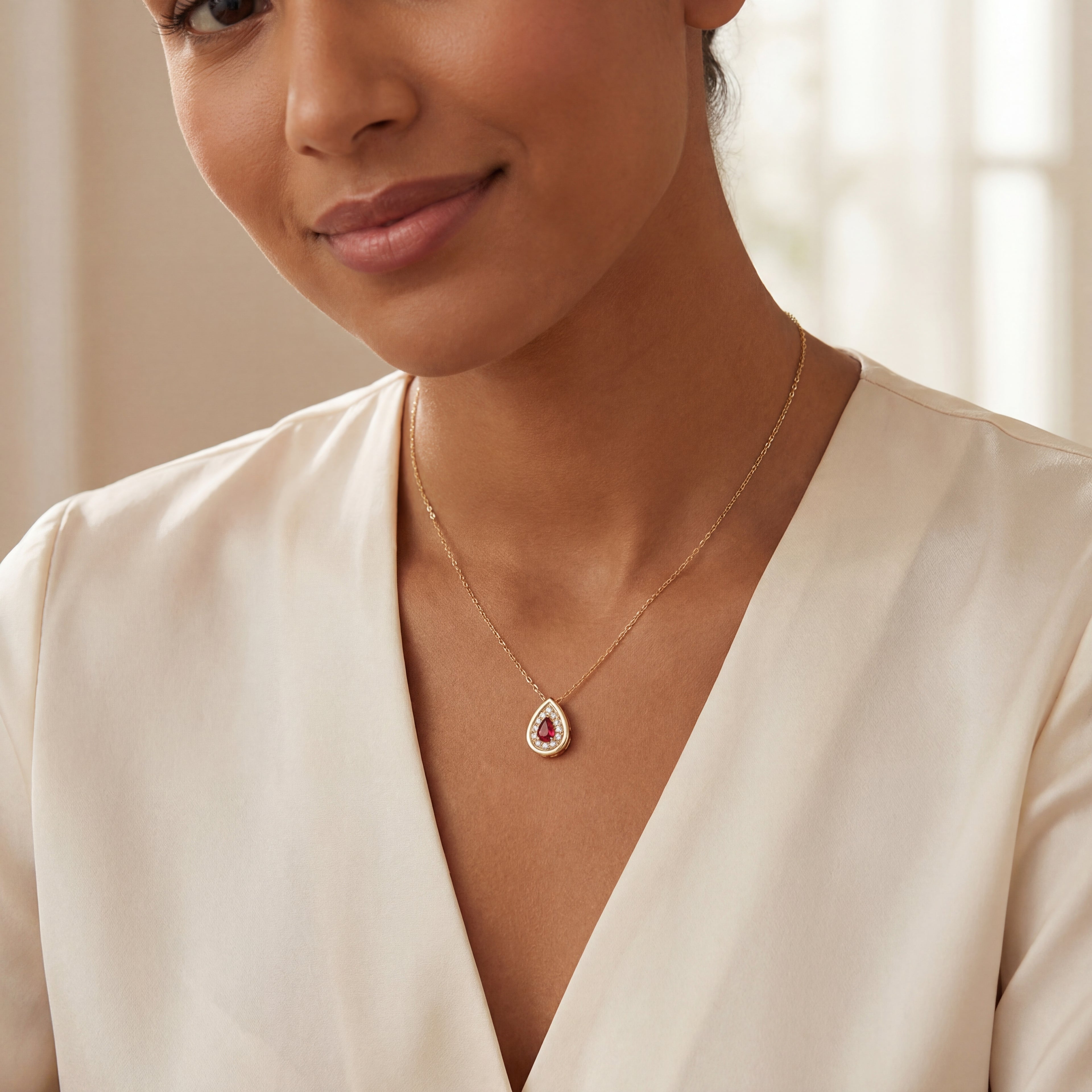 Woman wearing a delicate necklace with a teardrop ruby diamond pendant against a neutral background