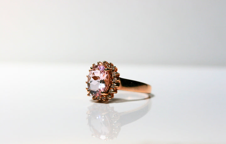 rose gold ring. morganite ring. pink gemstone. halo ring. vintage ring. classic. unique ring. round cut stone. anniversary ring. SF jewelry, san francisco, jeweler, birthday gift, anniversary gift, gift for her, bay area jewelry, fine jewelry,