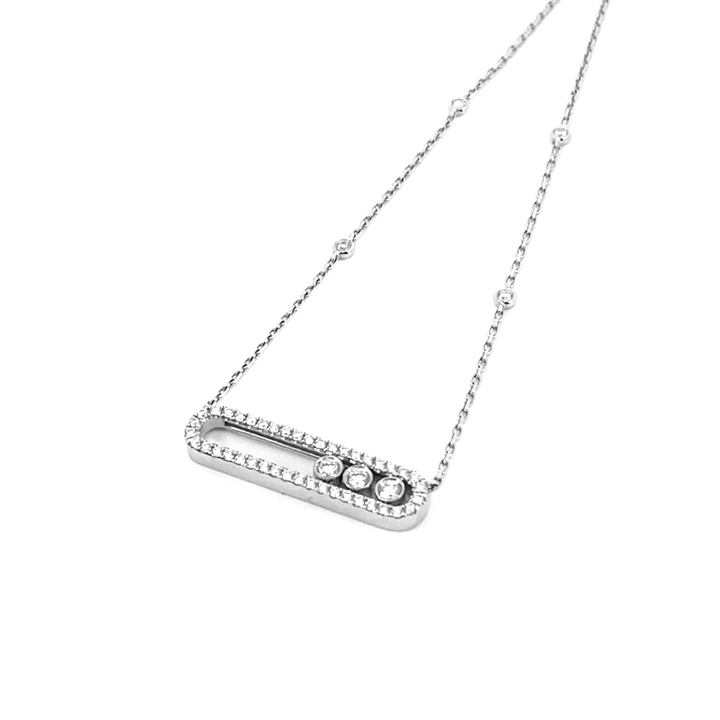 White gold necklace with a bar pendant on a white background