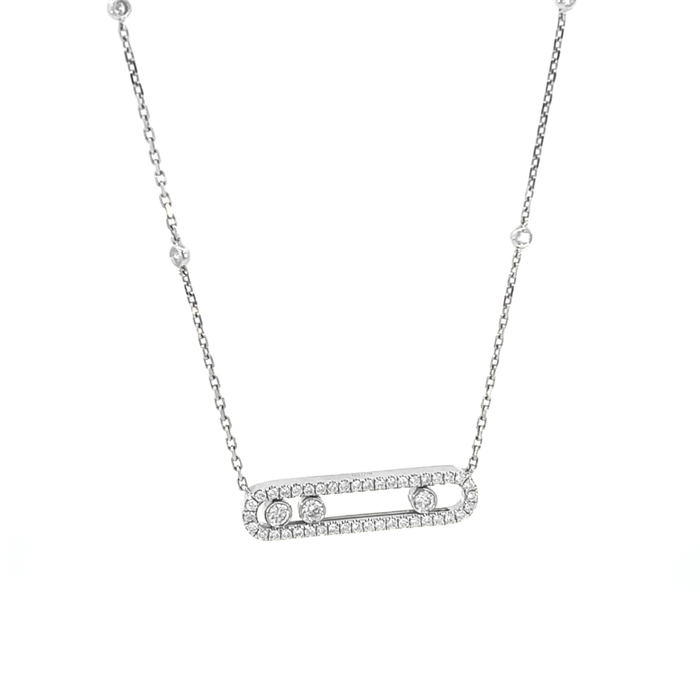 White gold necklace with a bar pendant on a white background