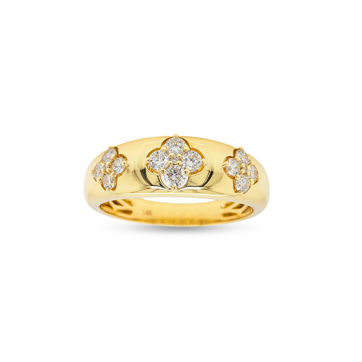 Gold ring with floral diamond accents on a white background