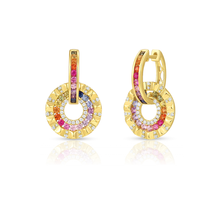 rainbow multicolored sapphire and diamond fashion earrings in yellow gold 