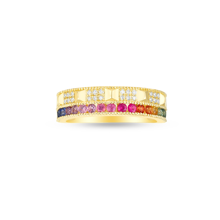 Gold ring with colorful sapphires and diamonds on a white background