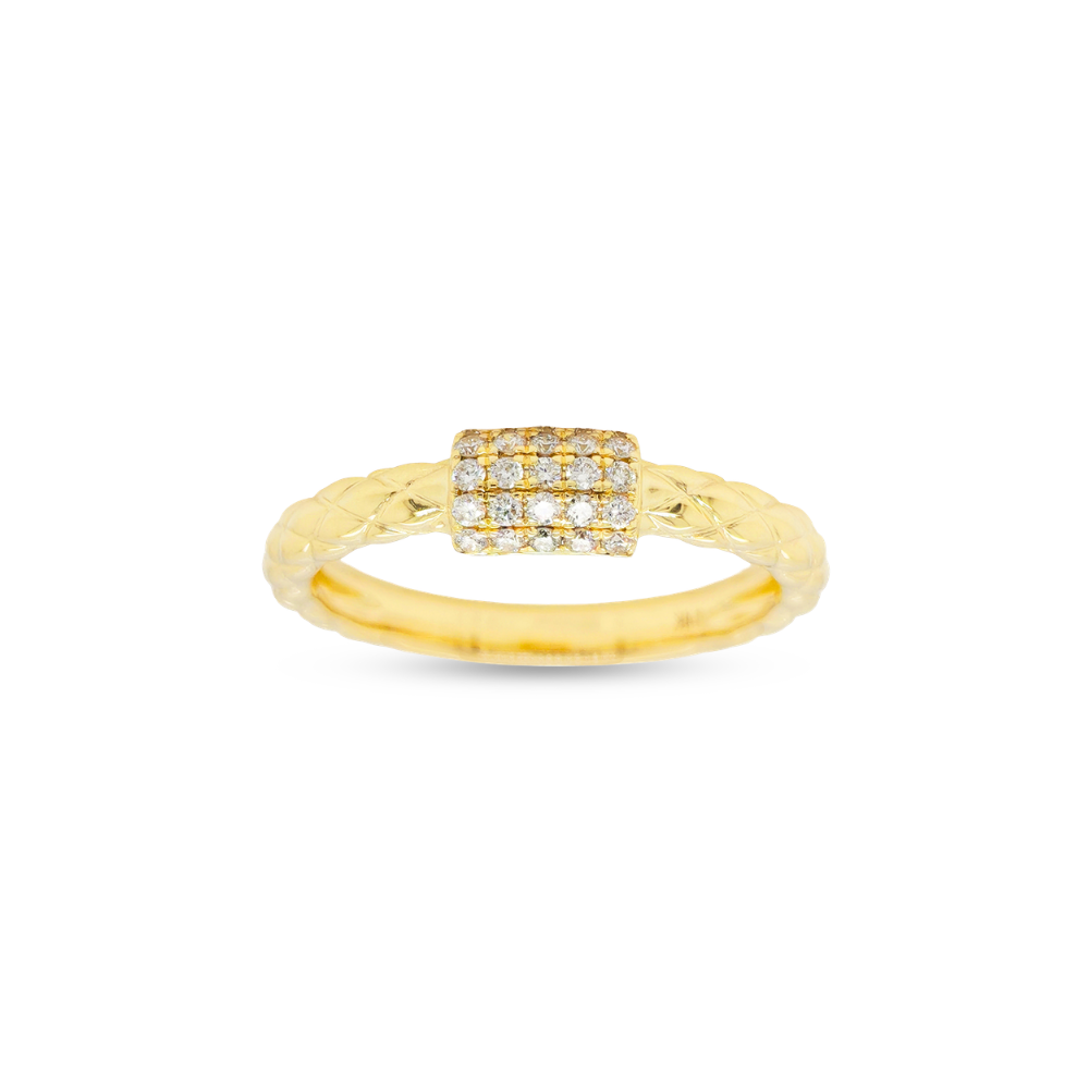 Gold ring with diamond accents on a white background