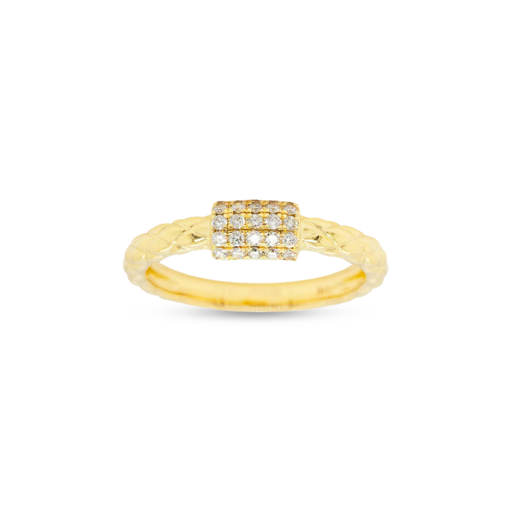 Gold ring with diamond accents on a white background