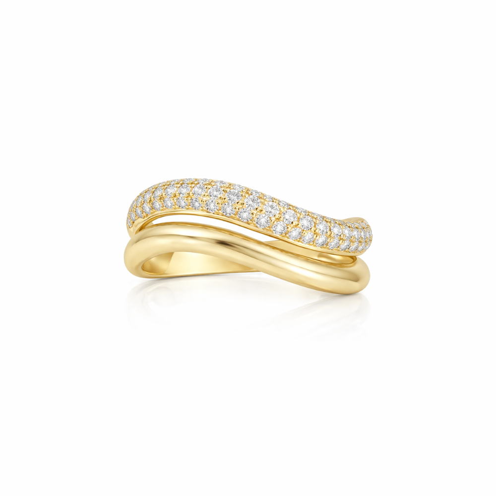 Wavy double band gold ring with diamond accents on a white background