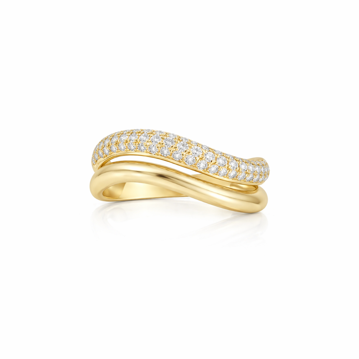 Wavy double band gold ring with diamond accents on a white background