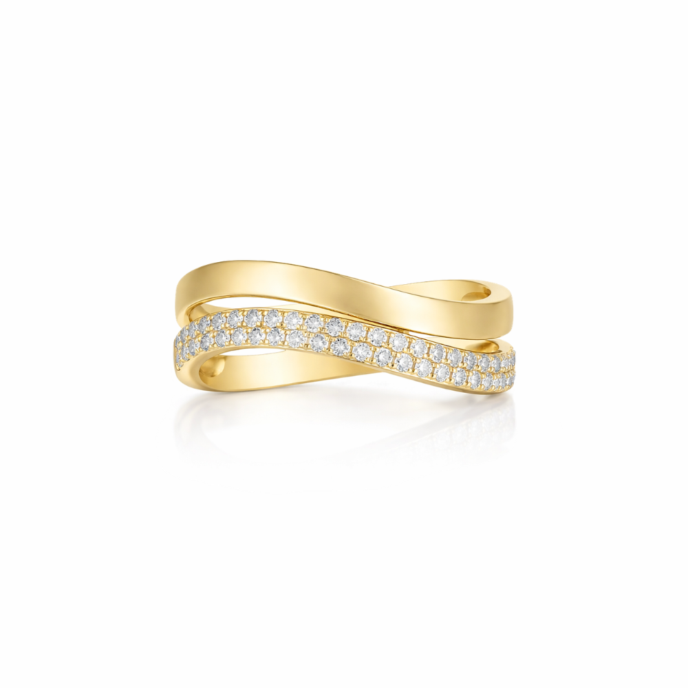 Wavy double band gold ring with diamond accents on a white background