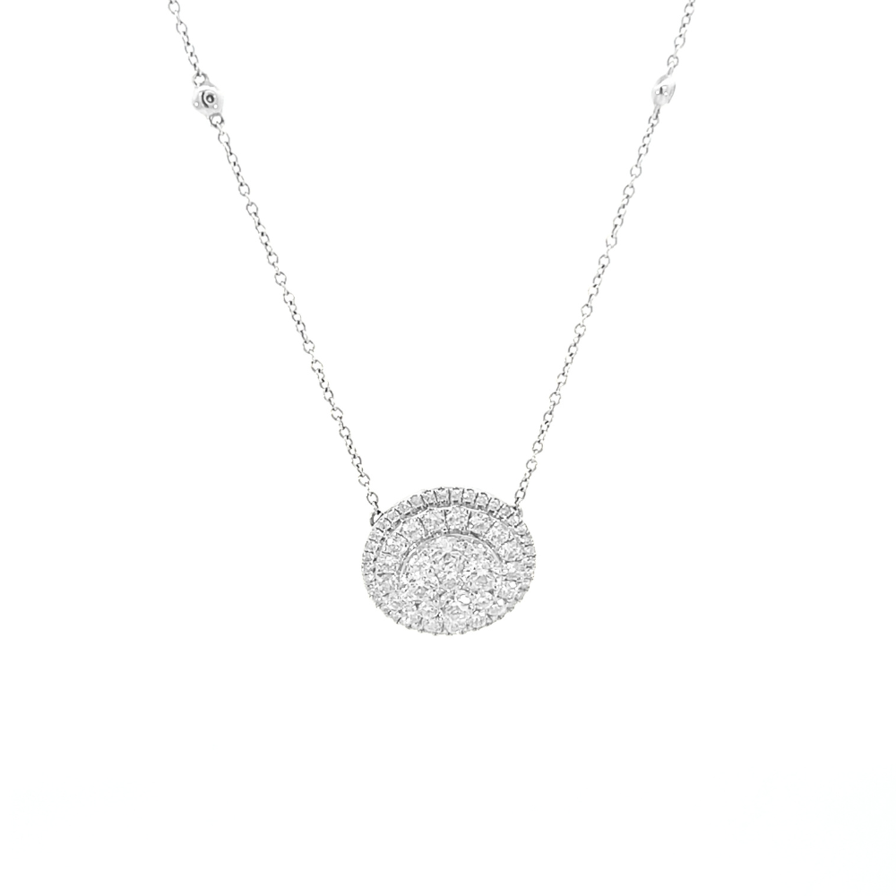 White gold necklace with a round, diamond-studded pendant on a white background