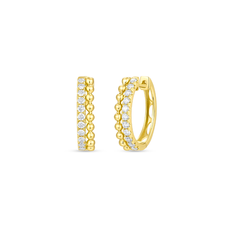Gold hoop earrings with diamond and beaded texture accents on a white background