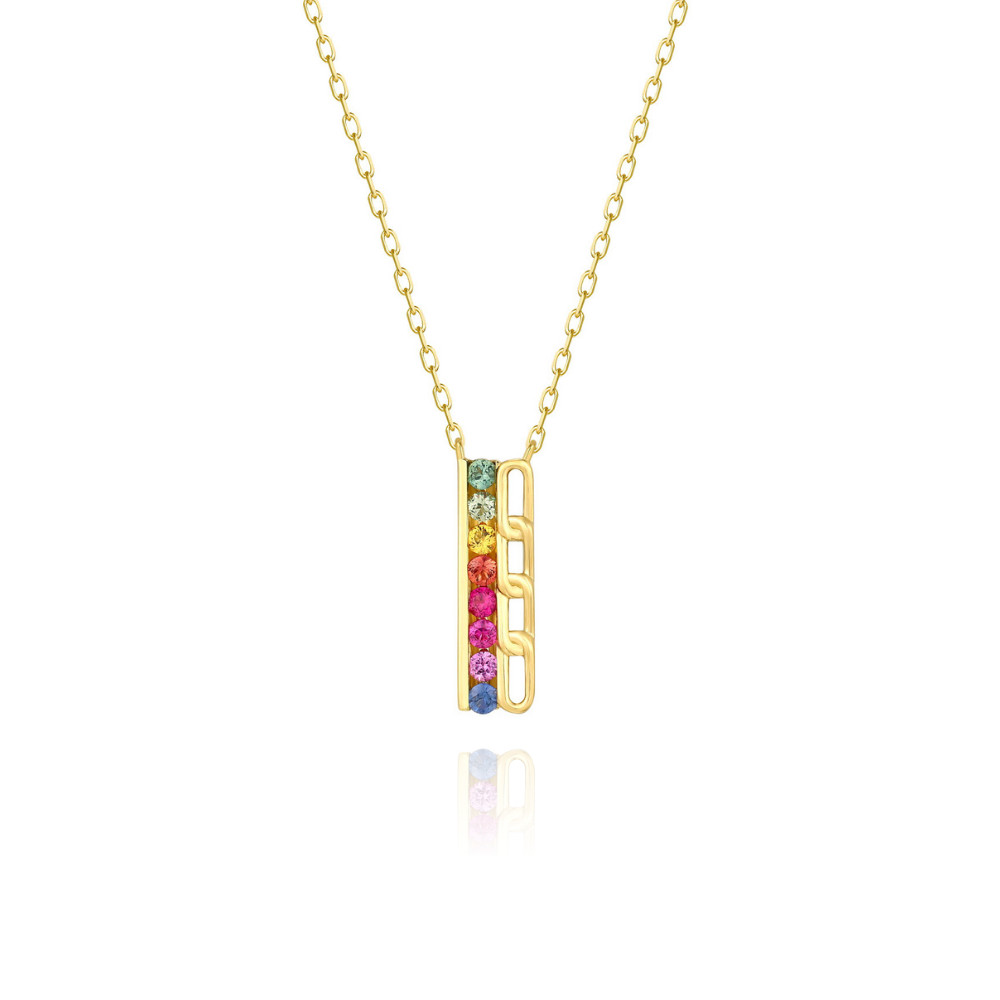 Gold necklace with a colorful pendant on a white background