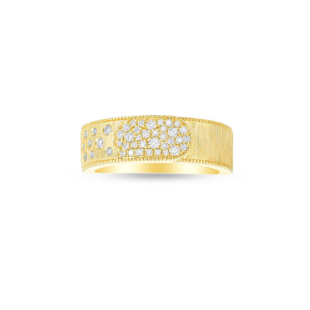 Gold ring with diamond accents on a white background