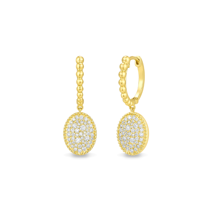 Gold earrings with circular designs, embedded diamonds, and beaded texture accents on a white background