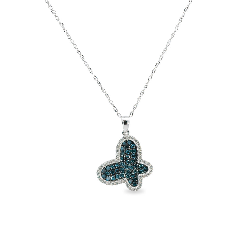White gold necklace with a blue and white diamond butterfly pendant on a white background
